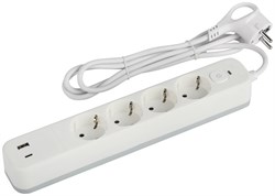 ЭРА Сетевой фильтр USF-4es-1,5m-2xUSBAC-W с базовой защитой с заземлением с выключателем 4 розетки+2xUSBA+C3,1A 1,5м 10А Б0059571 - фото 118325