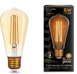 Лампа Gauss LED Filament ST64 E27 8W Golden 2400К 1/10/40 - фото 33886