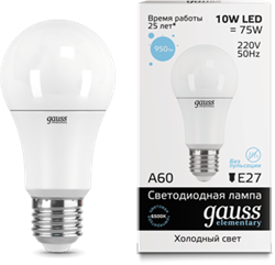 Gauss Лампа Elementary A60 10W 950lm 6500K Е27 LED 23230 - фото 33909
