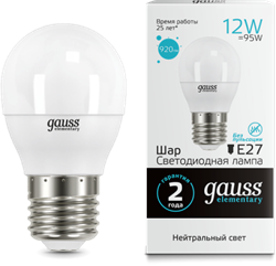 Gauss Лампа Elementary Шар 12W 920lm 4100K Е27 LED 53222 - фото 34063