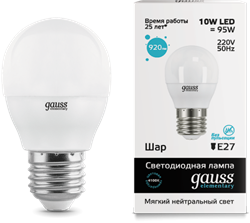 Лампа Gauss LED Elementary Globe 10W E27 4100K 1/10/100 - фото 34086