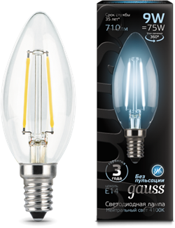 Gauss Лампа Filament Свеча 9W 710lm 4100К Е14 LED 103801209 - фото 34101