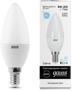 Gauss Лампа Elementary Свеча 8W 560lm 6500K Е14 LED 33138 - фото 34117