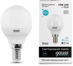 Gauss Лампа Elementary Шар 10W 730lm 4100K Е14 LED 53120 - фото 34136