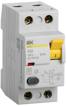 Выключатель дифференциального тока IEK ВД1-63 2П 40А 100мА MDV10-2-040-100, тип AC - фото 67119