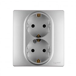 Legrand Etika алюминий розетка 2-ая с заземлением, со шторками, автоматические клеммы 672433 - фото 74887