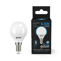 Gauss Лампа Шар 6.5W 550lm 6500K E14 LED 1/10/100 105101307 - фото 89711
