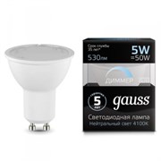 Gauss Лампа MR16 5W 530lm 4100K GU10 диммируемая LED 101506205-D Gauss Лампа MR16 5W 530lm 4100K GU10 диммируемая LED 101506205-D