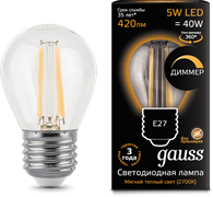 Gauss Лампа Filament Шар 5W 420lm 2700К Е27 диммируемая LED 105802105-D Gauss Лампа Filament Шар 5W 420lm 2700К Е27 диммируемая LED 105802105-D