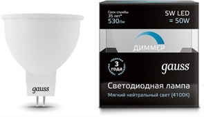 Gauss Лампа MR16 5W 530lm 4100K GU5.3 диммируемая LED 101505205-D Gauss Лампа MR16 5W 530lm 4100K GU5.3 диммируемая LED 101505205-D