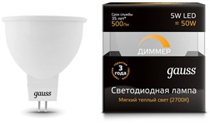 Gauss Лампа MR16 5W 500lm 3000K GU5.3 диммируемая LED 101505105-D Gauss Лампа MR16 5W 500lm 3000K GU5.3 диммируемая LED 101505105-D