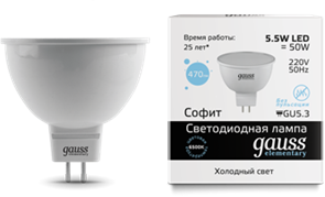 Gauss Лампа Elementary MR16 5.5W 470lm 6500К GU5.3 LED 13536 Gauss Лампа Elementary MR16 5.5W 470lm 6500К GU5.3 LED 13536