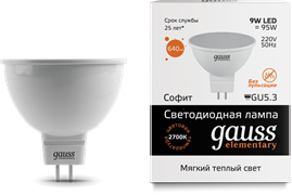 Gauss Лампа Elementary MR16 9W 640lm 3000K GU5.3 LED 13519 Gauss Лампа Elementary MR16 9W 640lm 3000K GU5.3 LED 13519