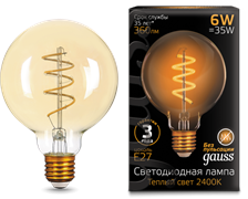 Gauss Лампа Filament G95 6W 360lm 2400К Е27 golden flexible LED 105802007
