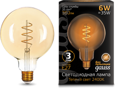 Gauss Лампа Filament G125 6W 360lm 2400К Е27 golden flexible LED 158802008
