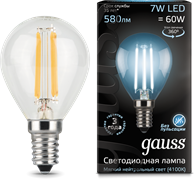 Gauss Лампа Filament Шар 7W 580lm 4100К Е14 LED 105801207 Gauss Лампа Filament Шар 7W 580lm 4100К Е14 LED 105801207