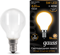 Gauss Лампа Filament Шар 5W 420lm 2700К Е14 milky LED 105201105 Gauss Лампа Filament Шар 5W 420lm 2700К Е14 milky LED 105201105