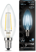 Gauss Лампа Filament Свеча 7W 580lm 4100К Е14 LED 103801207 Gauss Лампа Filament Свеча 7W 580lm 4100К Е14 LED 103801207
