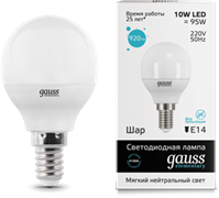 Gauss Лампа Elementary Шар 10W 730lm 4100K Е14 LED 53120 Gauss Лампа Elementary Шар 10W 730lm 4100K Е14 LED 53120