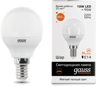 Gauss Лампа Elementary Шар 10W 710lm 3000K Е14 LED 53110 Gauss Лампа Elementary Шар 10W 710lm 3000K Е14 LED 53110