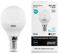 Gauss Лампа Elementary Шар 6W 450lm 4100K Е14 LED 53126 Gauss Лампа Elementary Шар 6W 450lm 4100K Е14 LED 53126