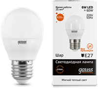 Gauss Лампа Elementary Шар 6W 420lm 3000K Е27 LED 53216 Gauss Лампа Elementary Шар 6W 420lm 3000K Е27 LED 53216