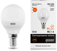Gauss Лампа Elementary Шар 6W 420lm 3000K Е14 LED 53116 Gauss Лампа Elementary Шар 6W 420lm 3000K Е14 LED 53116