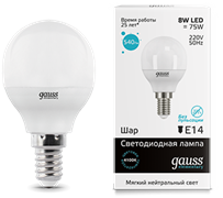 Gauss Лампа Elementary Шар 8W 540lm 4100K Е14 LED 53128 Gauss Лампа Elementary Шар 8W 540lm 4100K Е14 LED 53128