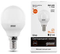 Gauss Лампа Elementary Шар 8W 520lm 3000K Е14 LED 53118 Gauss Лампа Elementary Шар 8W 520lm 3000K Е14 LED 53118