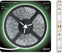 Gauss Лента LED 2835 -SMD 4.8W 12V DC зеленый IP66 (блистер 5м) 311000605 Gauss Лента LED 2835 -SMD 4.8W 12V DC зеленый IP66 (блистер 5м) 311000605
