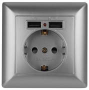 Intro Розетка Solo 4-410-03 с заземлением P+E Schuko со шторками, 16А-250В + 2хUSB, IP20, СУ, алюминий Б0053715 Intro Розетка Solo 4-410-03 с заземлением P+E Schuko со шторками, 16А-250В + 2хUSB, IP20, СУ, алюминий Б0053715