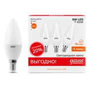 Gauss Лампа Elementary Свеча 6W 420lm 3000K E14 (3 лампы в упаковке) LED 1/40 33116T Gauss Лампа Elementary Свеча 6W 420lm 3000K E14 (3 лампы в упаковке) LED 1/40 33116T