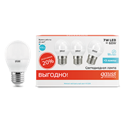Gauss Лампа Elementary Шар 7W 470lm 4100K E27 (3 лампы в упаковке) LED 53227T